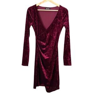 Fab'rik Burgundy Red Velvet V-Neck Long Sleeve Mini Dress in Size Small